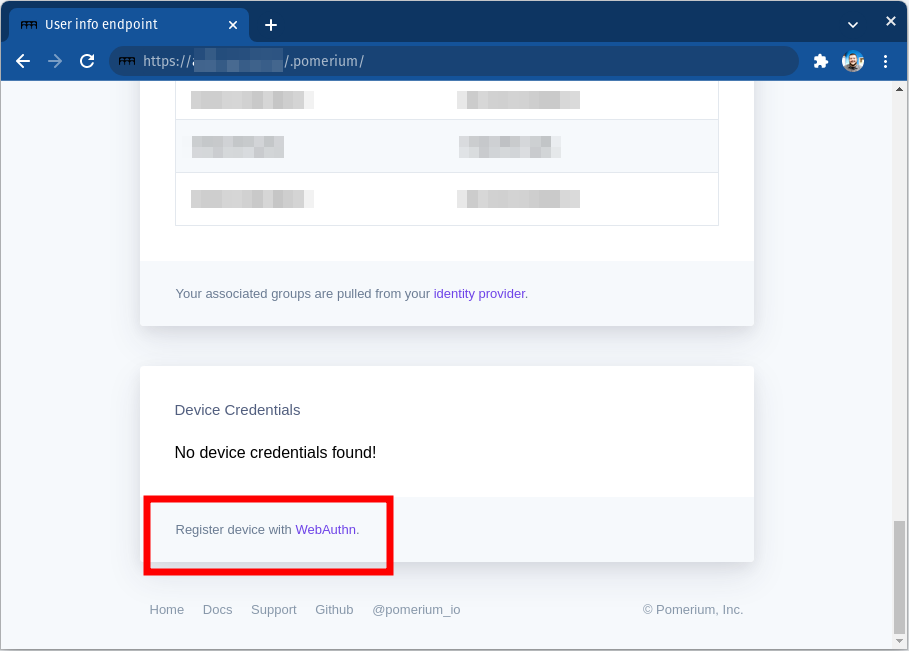 The Device Credentials section of the .pomerium endpoint with the WebAuthn link highlighted