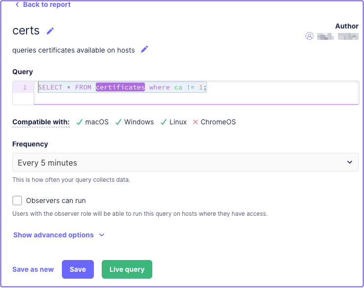 Entering a certificate query SQL command in the Fleet dashboard